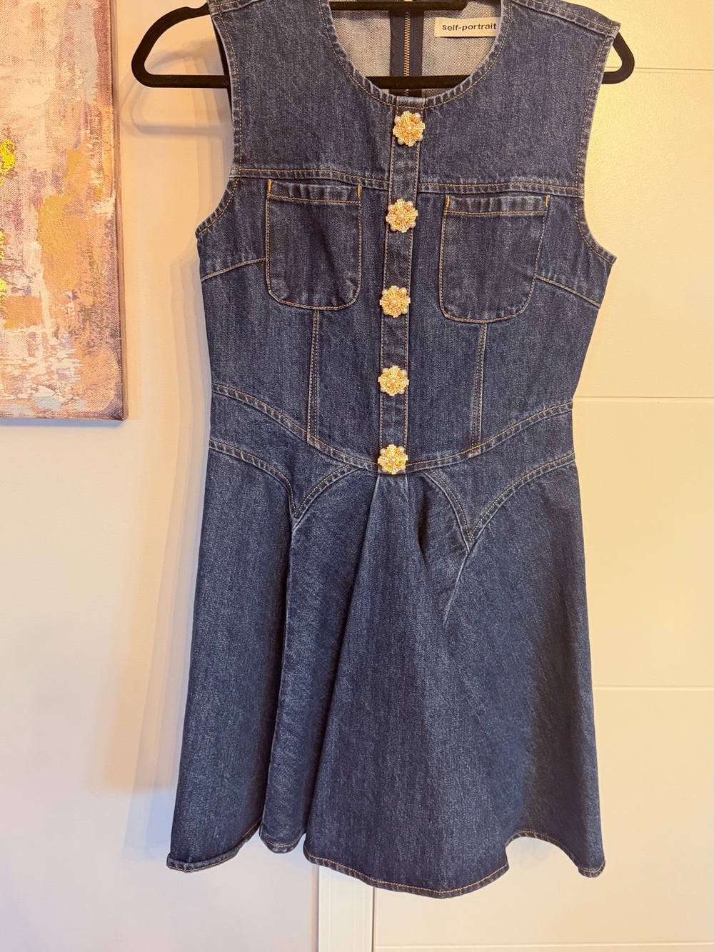 Self-Portrait Navy Denim Sleeveless Fit-and-Flare Mini Dress - Picture 2 of 7